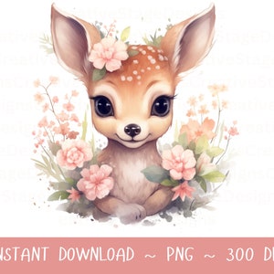 Reh PNG, Reh Clip Art, Reh Blumen Aquarell  Sublimation Design, Baby Shower Design, Erster Geburtstag, digitaler Download Frühling png