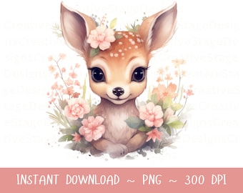 Deer PNG, Deer Clip Art, Deer Flowers Watercolor Sublimation Design, Baby Shower Design, First Birthday, Digital Download Spring png