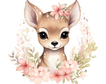 Deer PNG, Deer Clip Art, Deer Flowers Watercolor Sublimation Design, Baby Shower Design, First Birthday, Digital Download Spring png