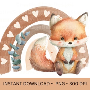 Neutraler Fuchs Regenbogen PNG, Süßer Baby Fuchs Clipart, Neues Baby Karte Design, Safari Geburtstag, Digitaler Download