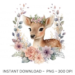 Deer PNG, Deer Clip Art, Deer Flowers Watercolor Sublimation Design, Baby Shower Design, First Birthday, Digital Download Spring png