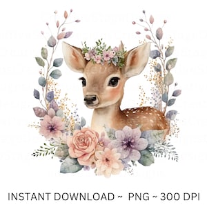 Reh PNG, Reh Clip Art, Reh Blumen Aquarell  Sublimation Design, Baby Shower Design, Erster Geburtstag, digitaler Download Frühling png
