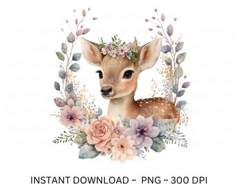 Deer PNG, Deer Clip Art, Deer Flowers Watercolor Sublimation Design, Baby Shower Design, First Birthday, Digital Download Spring png
