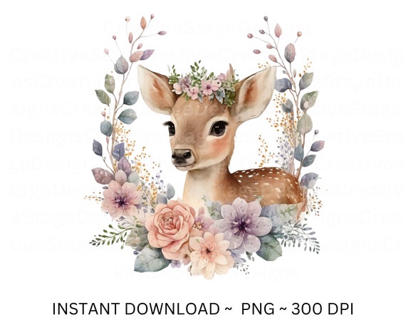 Reh PNG, Reh Clip Art, Reh Blumen Aquarell  Sublimation Design, Baby Shower Design, Erster Geburtstag, digitaler Download Frühling png