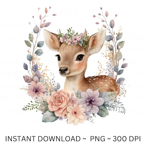 Deer PNG, Deer Clip Art, Deer Flowers Watercolor Sublimation Design, Baby Shower Design, First Birthday, Digital Download Spring png