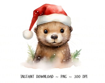 Otter Clipart Christmas - Digital Download- Card Making, Mixed Media, Digital Papercraft PNG, Xmas Clip art Sublimation