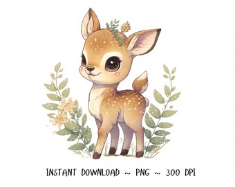 Deer PNG, Deer Clip Art, Deer Flowers Watercolor Sublimation Design, Baby Shower Design, First Birthday, Digital Download Spring png