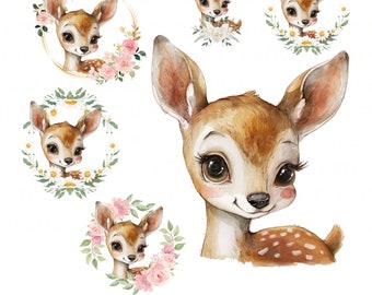 Deer PNG Set, Deer Clip Art, Deer Flowers Watercolor Sublimation Design, Sublimation File, First Birthday, Digital Download Spring png