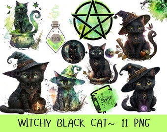 Watercolor Fantasy Black Cats Clipart - Cute Floral Cats - Witch Black Cat, Green, Sublimation File, Sublimation PNG
