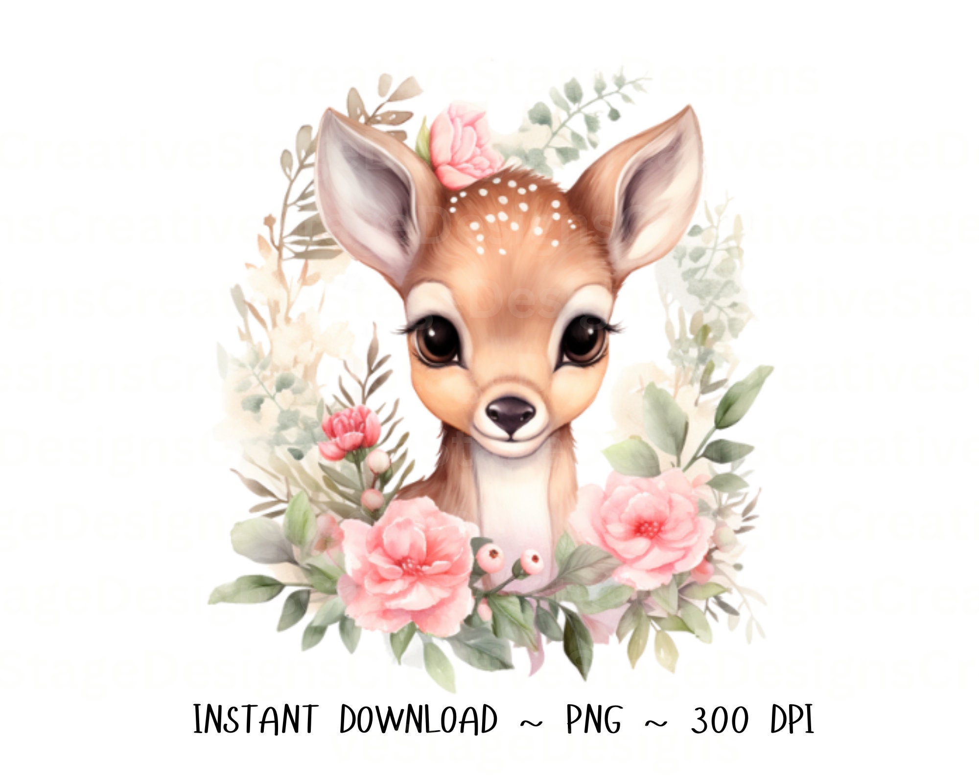 Deer PNG, Deer Clip Art, Deer Flowers Watercolor Sublimation Design, Baby Shower Design, Digital Download Spring Sublimation File