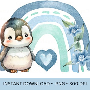 Neutral Penguin Rainbow PNG, Cute Penguin Clipart, New Baby Card Design, Safari Birthday, Digital Download