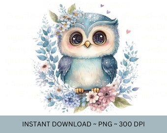 Cute Owl Png Files for Sublimation | owl watercolor blue| png files for tumbler | owl png | Watercolor animal png | png file