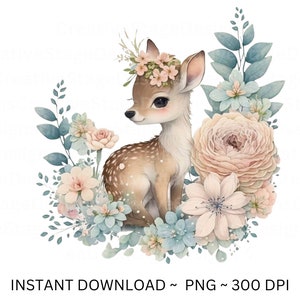 Deer PNG, Deer Clip Art, Deer Flowers Watercolor Sublimation Design, Baby Shower Design, First Birthday, Digital Download Spring png
