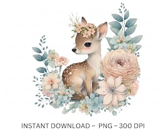 Deer PNG, Deer Clip Art, Deer Flowers Watercolor Sublimation Design, Baby Shower Design, First Birthday, Digital Download Spring png