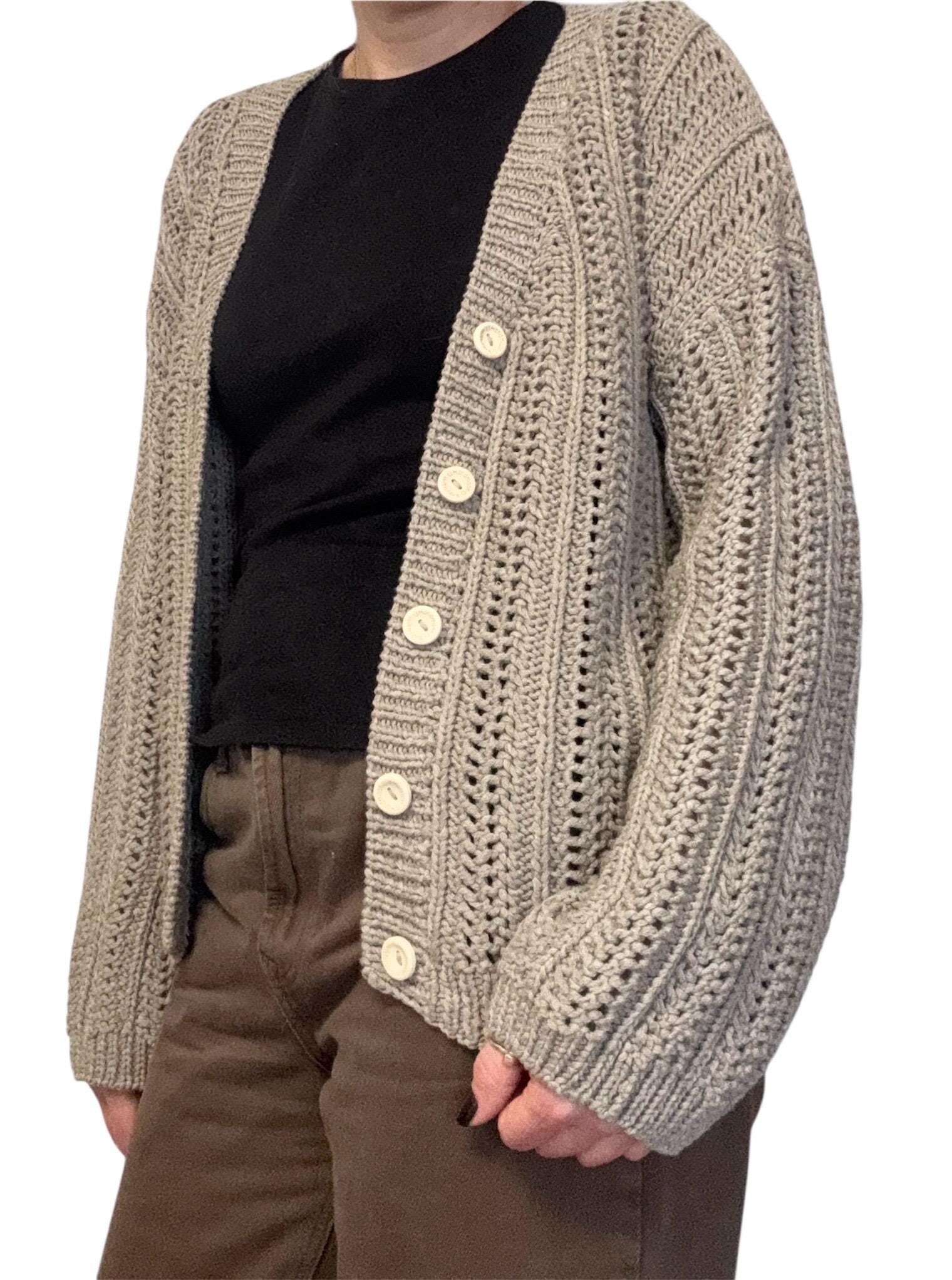 Hand-Knitted Cotton Cardigan: Openwork Knit, Neutral Sweater 2X available