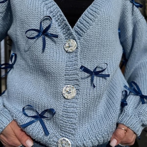 Women’s cardigan oversize merinos cardigan Wool hand knit bomber open knit cardigan with bows bright cardigan cropped cardigan gift for her