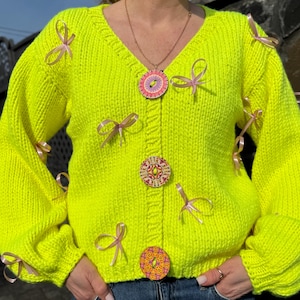 Women’s cardigan oversize merinos cardigan Wool hand knit bomber open knit cardigan cardigan with bows bright cardigan embroidered cardigan