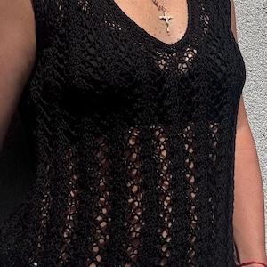 Hand-Knitted Lace Cotton Top – White Summer Sleeveless Blouse, Openwork Knit Tank, Lightweight Knitwear for Women black top