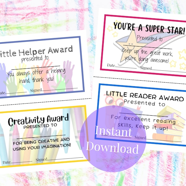 Kids Award Certificates, school awards, end of year certificate bundle, printable pdf jpg