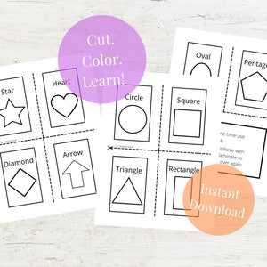 May include: Printable worksheet with black and white outlines of various shapes, including a star, heart, circle, square, diamond, arrow, triangle, oval, pentagon, and rectangle. The text "Cut. Color. Learn!" is written in a purple circle at the top of the page. The text "Instant Download" is written in an orange circle at the bottom of the page.