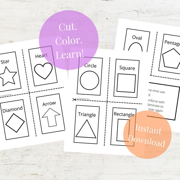 Shapes flash cards, learn basic shapes, learning cards, kids activity page, printable PDF