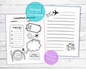 Vacation Journal, Vacation Planner, Travel Games for Kids, printable pdf