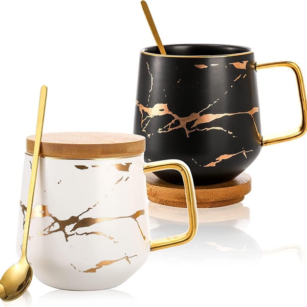 Ceramic Kintsugi Style Coffee Tea Mug with Gold Inlay, Spoon and Bamboo Lid- 12 OZ, Large Novelty Cups, Matte Marble Finish Japanese Mugs