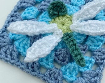 Granny Loves Dragonflies Crochet digital downloadable PDF pattern for crochet square featuring a dragonfly