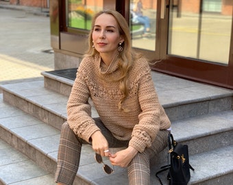 Milena Crochet Sweater PATTERN, Lace Pullover Blouse, turtle neck, popcorn crochet stitch (PDF instructions)
