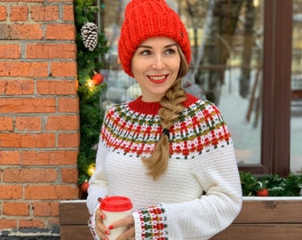 Christine Crochet Lopapeysa Nordic style Sweater PATTERN – Mosaic Jumper, Extended Size XS-5X (PDF instructions)