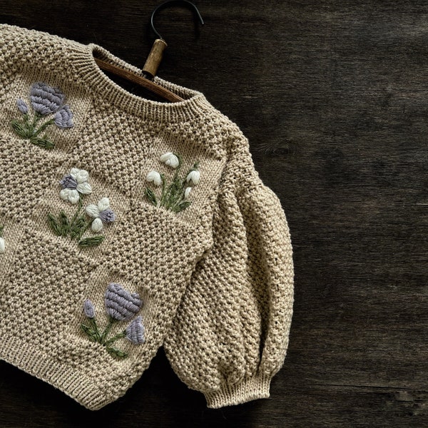 Garden Flowers - Knitting pattern for baby jumper, stitch-by-stitch with embroidery, knitting for kids pattern, child sweater pattern