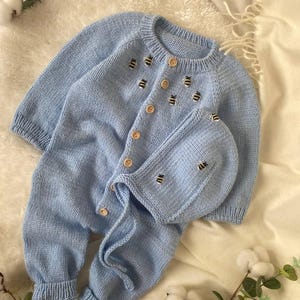 Op de afbeelding: Een lichtblauwe gebreide baby-outfit met een bijpassende muts. De outfit heeft een knoopsluiting en is versierd met geborduurde bijen.