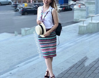 Melissa Crochet Pencil Skirt Pattern, Multicolor Mosaic knee-length skirt (PDF instructions)