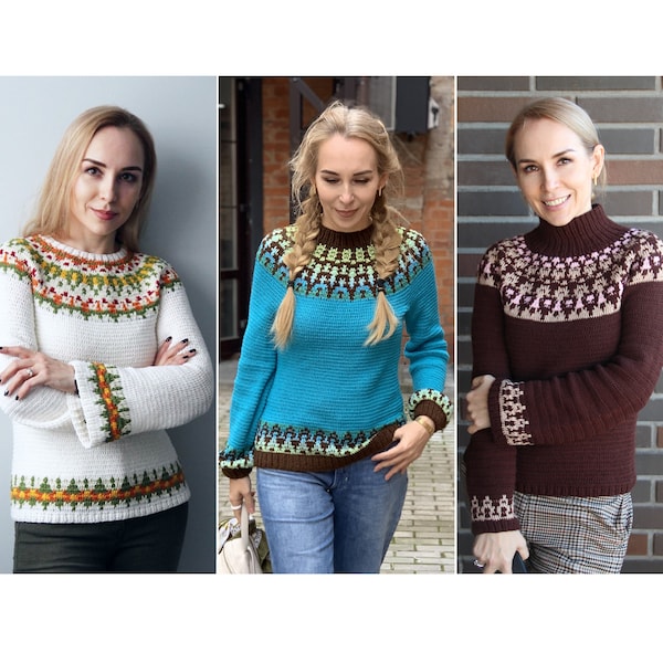 COMBO #2 - 3 lopapeysa-style pullover patterns - Daliya, Rebecca and Helga, bunch of patterns, pattern bundle, crochet e-book