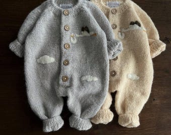 Knitting PATTERN "Onesie with a stork" for babies and children for 0-18 months, stylish baby kid knitwear patterns, knitting onesie pattern