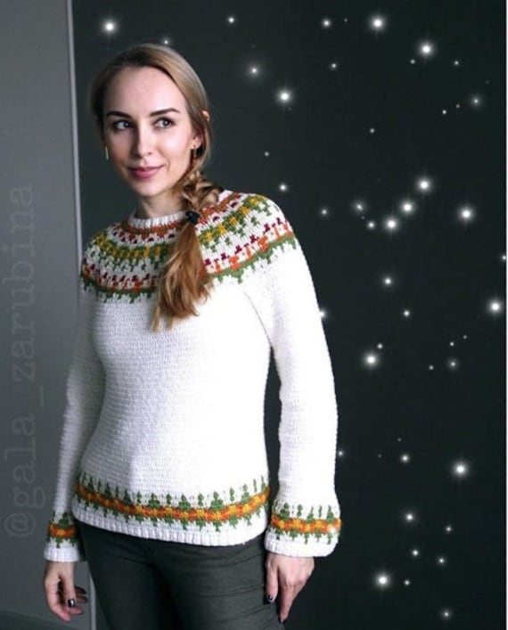 Daliya Crochet Lopapeysa Sweater PATTERN, Mosaic Yoke Pullover