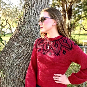 May include: A red knitted sweater with a black and white geometric pattern around the neckline. The sweater has long sleeves and a relaxed fit.