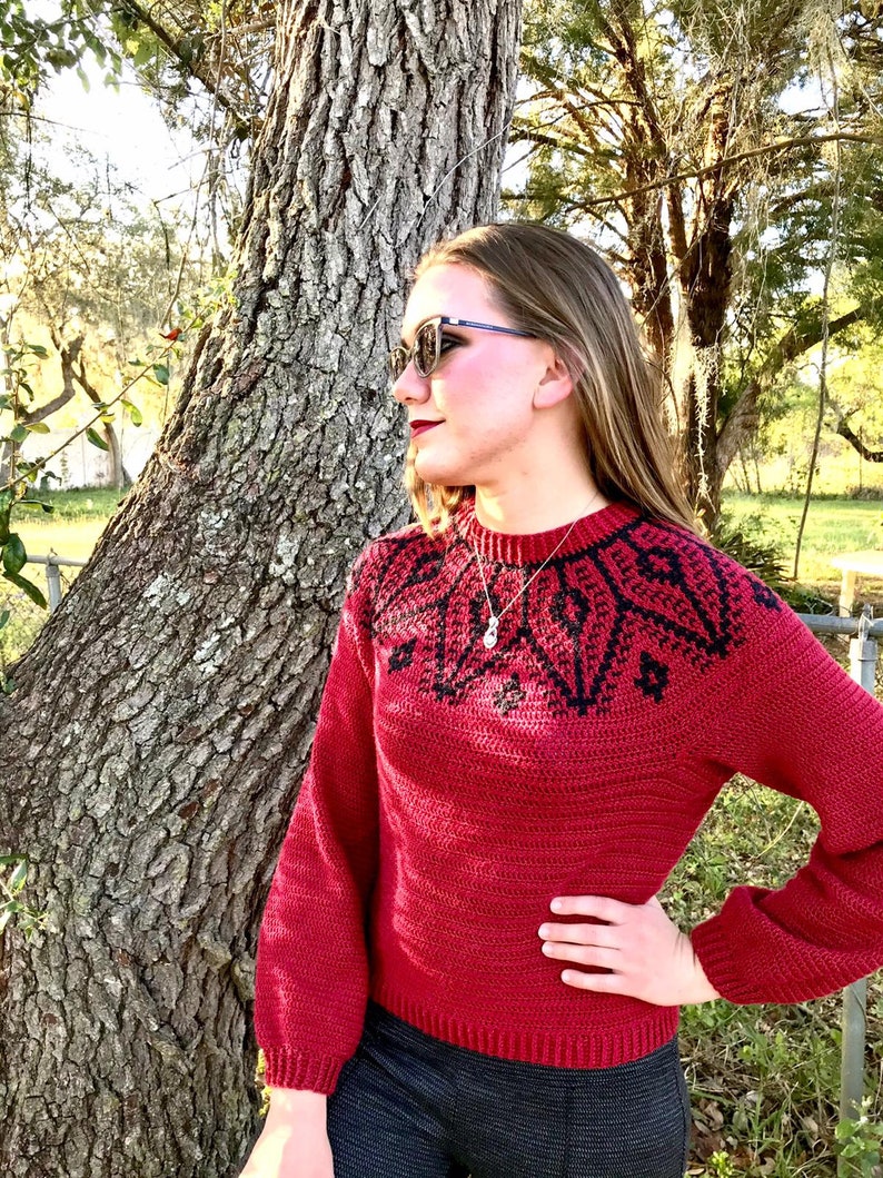 May include: A red knitted sweater with a black and white geometric pattern around the neckline. The sweater has long sleeves and a relaxed fit.