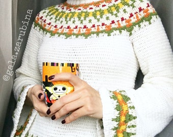 Daliya Crochet Lopapeysa Sweater PATTERN, Mosaic Yoke Pullover (PDF instructions)