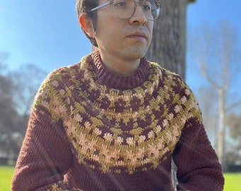 Spring Crochet Sweater PATTERN, Mosaic Yoke Lopapeysa Nordic Style pullover, Size-Inclusive XS-4X (PDF instructions)