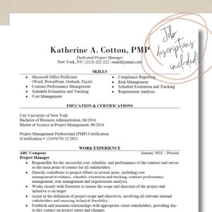 Puede incluir: Un currículum vitae para Katherine A. Cotton, PMP, una gerente de proyecto dedicada. El currículum enumera sus habilidades, educación y experiencia laboral. Incluye su información de contacto y certificaciones.