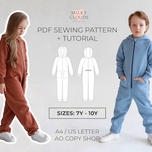 ジャンプスーツ キアラ PDF 裁縫パターン サイズ 7～10 歳 / フード付きジップアップ / 実用的 / Milkyclouds による裁縫チュートリアル