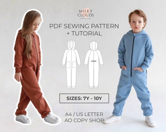 Jumpsuit Chiara PDF Sewing Pattern SIZES for 7 to 10 years / hooded zip up / utilitarian / sewing tutorial by Milkyclouds
