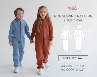 Jumpsuit Chiara PDF Sewing Pattern SIZES for 11 to 14 years / hooded zip up / utilitarian / sewing tutorial by Milkyclouds