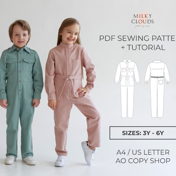 Kids jumpsuit "Samantha" PDF Sewing Pattern SIZES for 3 to 6 years / utilitarian / sewing tutorial by Milkyclouds