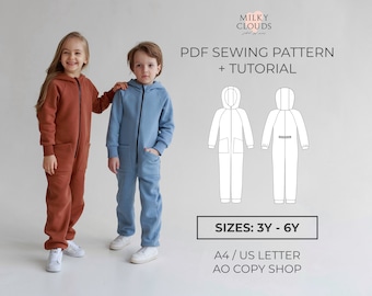 Jumpsuit Chiara PDF Sewing Pattern SIZES for 3 to 6 years) / hooded zip up / utilitarian / sewing tutorial by Milkyclouds