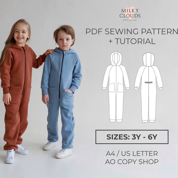 Jumpsuit Chiara PDF Sewing Pattern SIZES for 3 to 6 years) / hooded zip up / utilitarian / sewing tutorial by Milkyclouds