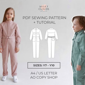 Op de afbeelding: Een PDF-naai-patroon en tutorial voor een jumpsuit voor kinderen, maten Y7-Y10. Het patroon is verkrijgbaar in A4, US Letter en AO kopieerwinkelformaten. De afbeelding toont twee kinderen die de jumpsuit dragen, een in roze en een in groen.