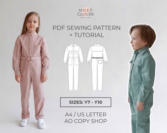 Kids jumpsuit "Samantha" PDF Sewing Pattern SIZES for 7 to 10 years / utilitarian / sewing tutorial by Milkyclouds