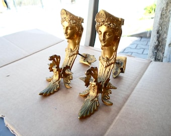 WAUW! Zeldzaam paar antiek verguld bronzen zijornament/kariatiden voor Franse Empire-klok of -meubels midden 19c.